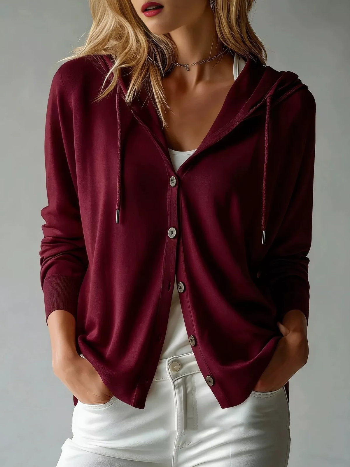 Drawstring Button Down Hooded Cardigan