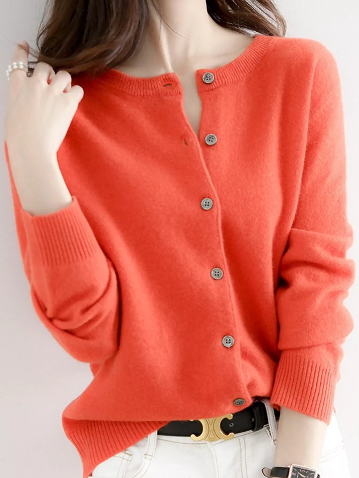 Crew-Neck Button-Down Cardigan