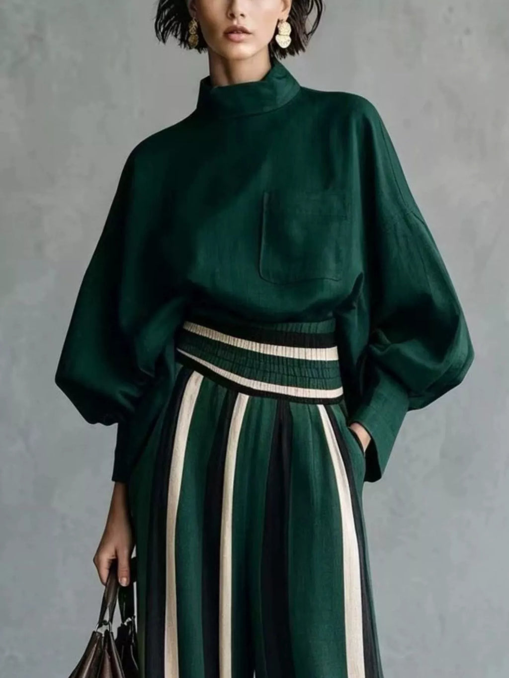 Full Size Mock Neck Top and Striped Wide-Leg Pants Set Plus Size