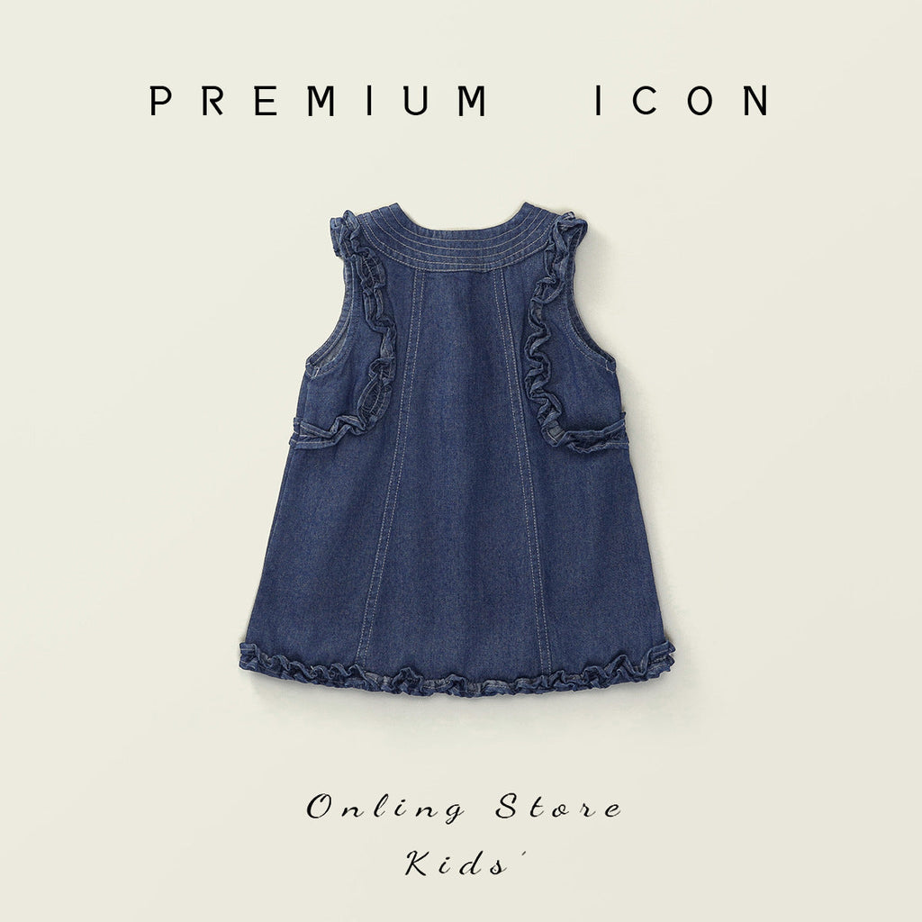 Korean-style Frilly Sleeveless Denim Dress For Girls