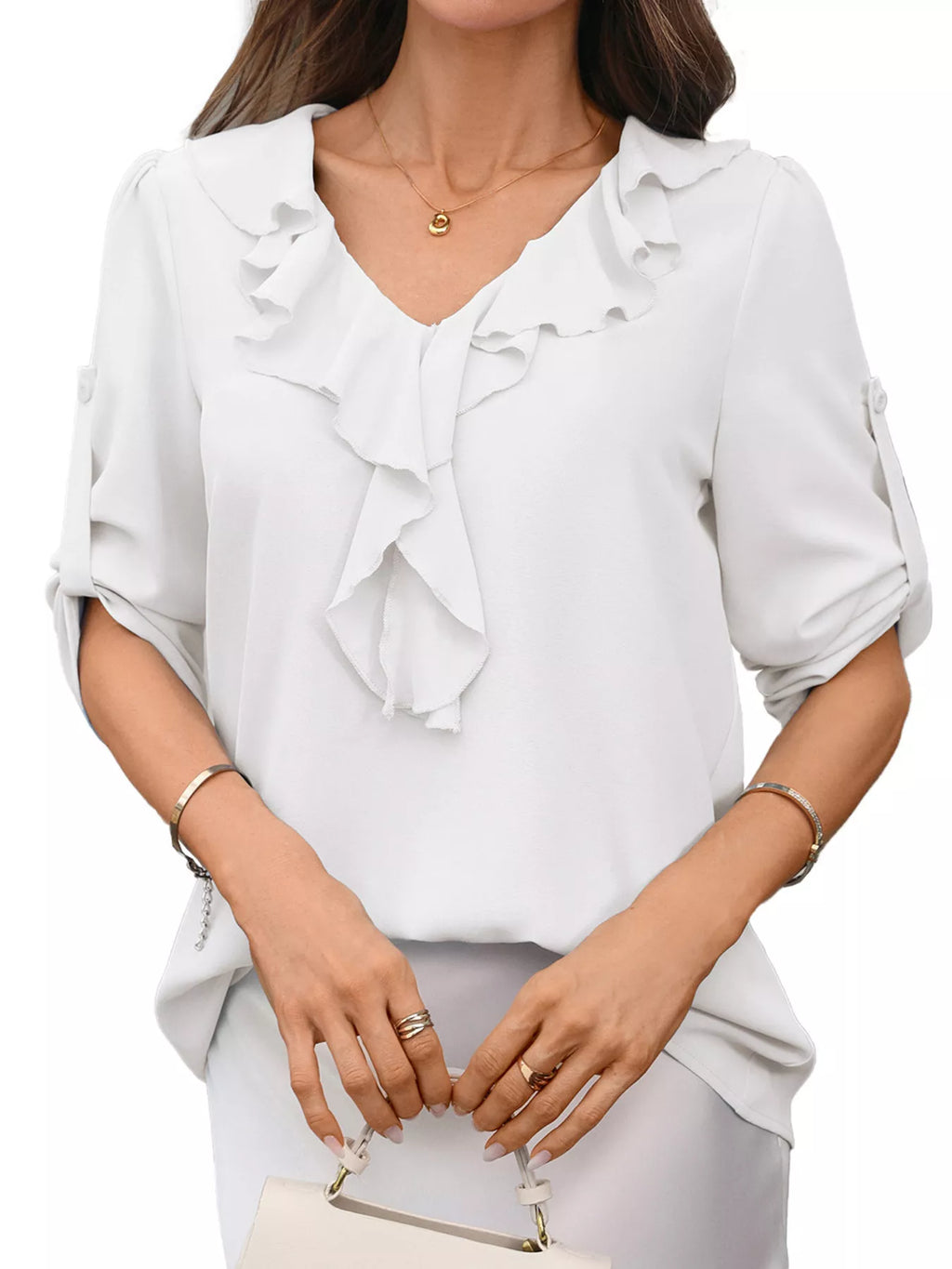 Ruffled V-Neck Roll-Up Sleeves Blouse
