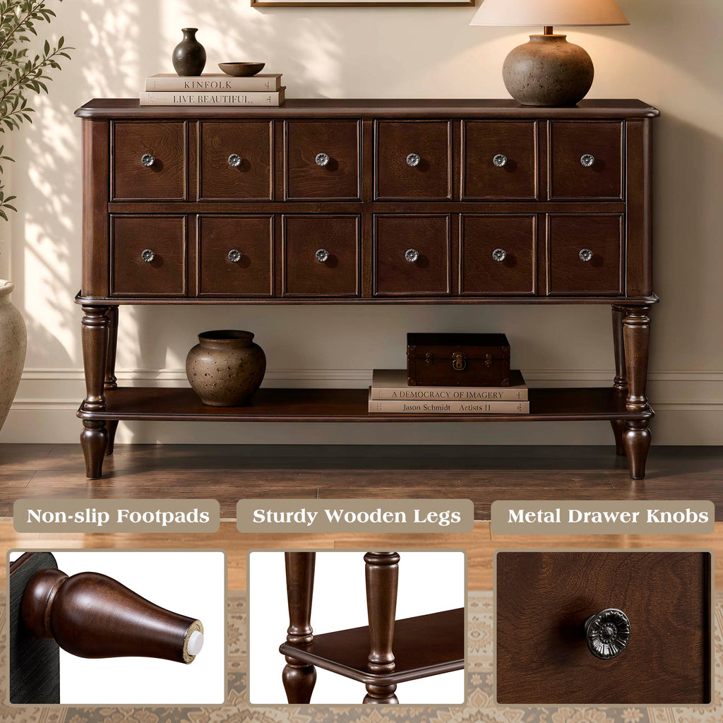 Vintage Console Table with Solid Wood Legs and 4 Storage Drawers - Espresso