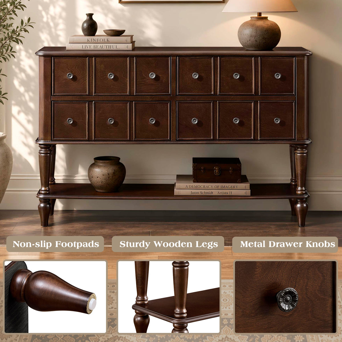 Vintage Console Table with Solid Wood Legs and 4 Storage Drawers - Espresso