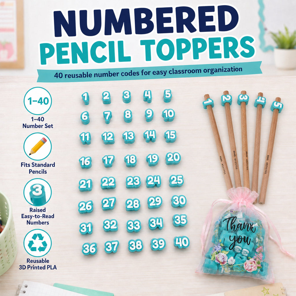 40PCS Numbered Pencil Toppers, 1-40 Reusable 3D Printed Pencil Number Caps, Side-Entry Pencil Labels For Classroom Organization, Teachers, Students & Homeschool