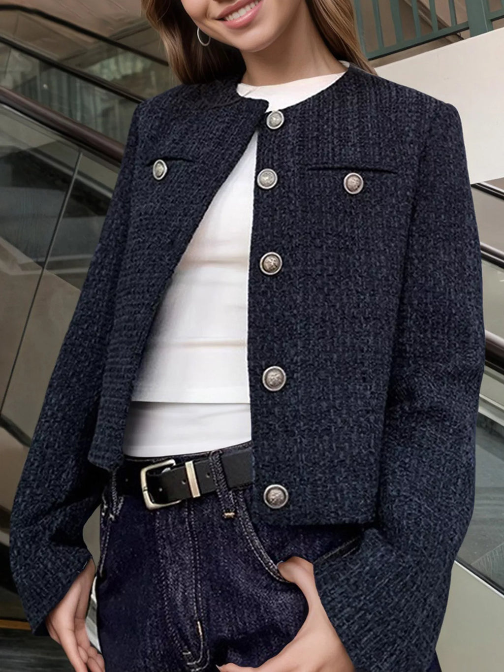 Tweed Metallic Buttons Cropped Outerwear