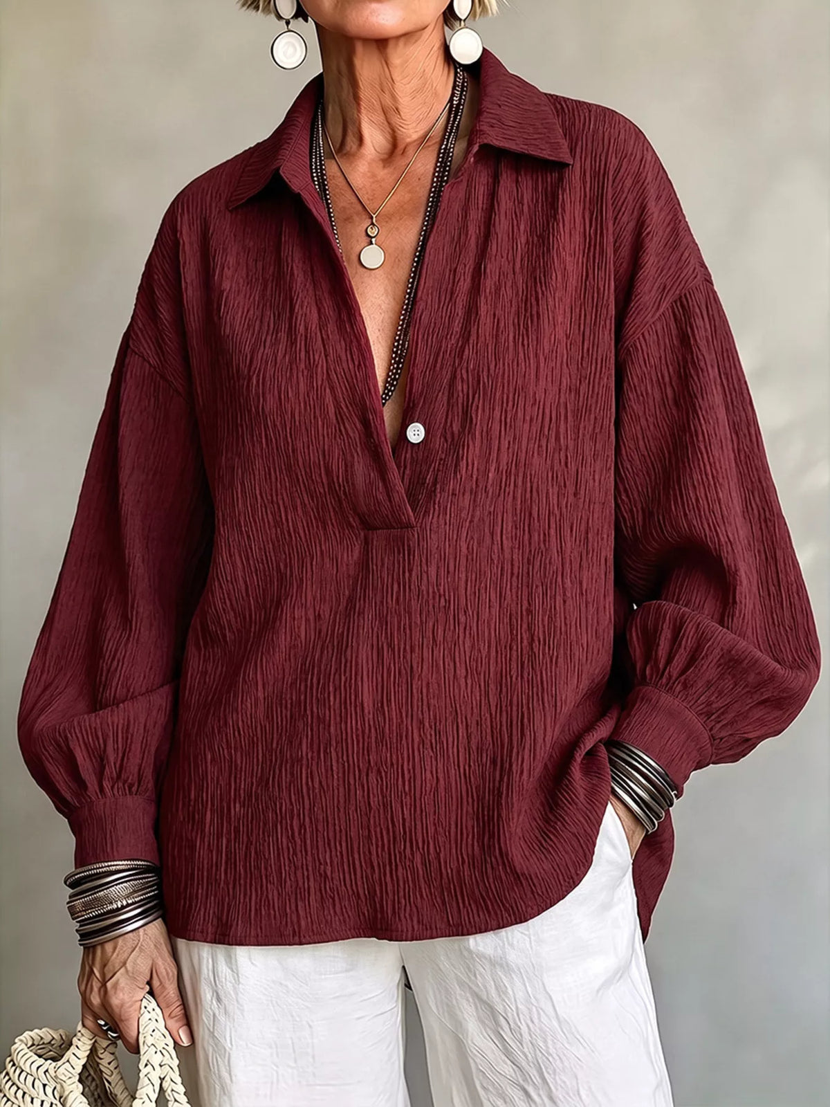 Full Size Textured Lantern Sleeves Blouse Plus Size