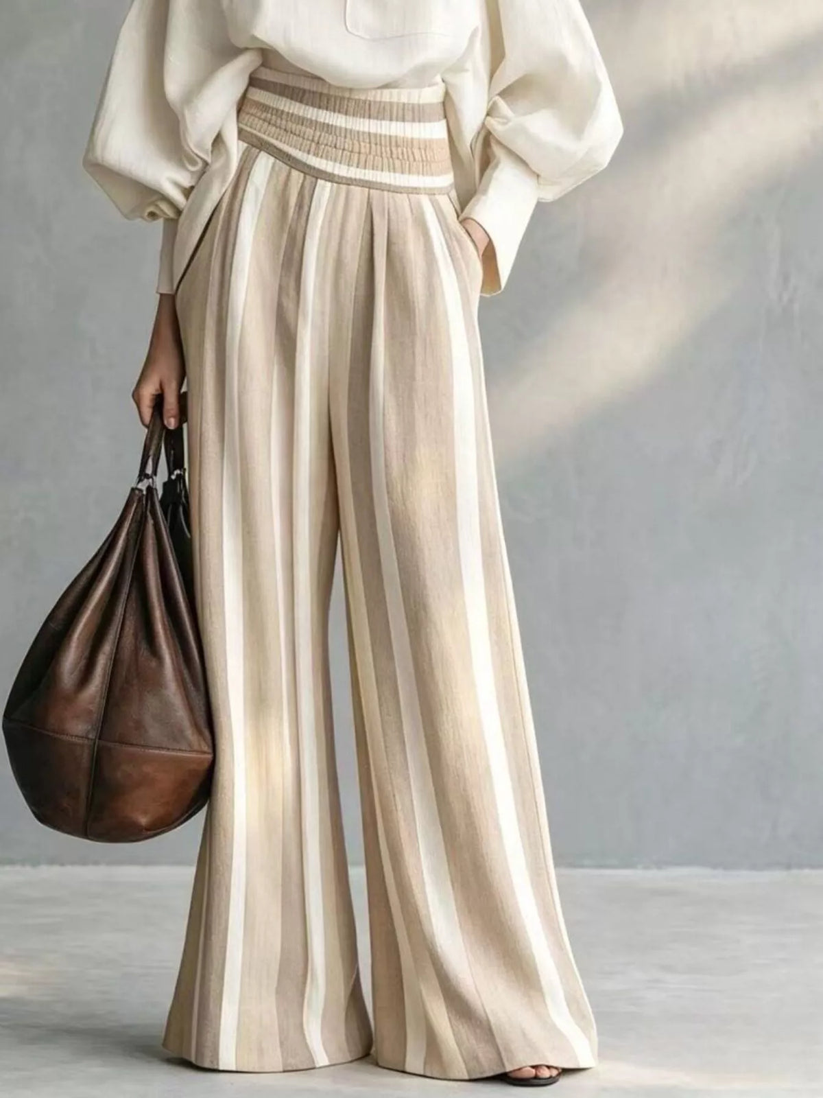 Full Size Mock Neck Top and Striped Wide-Leg Pants Set Plus Size