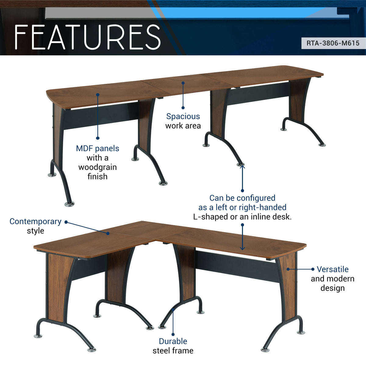 Techni Mobili Deluxe L-Shaped Desk with Inline Team Desk Option