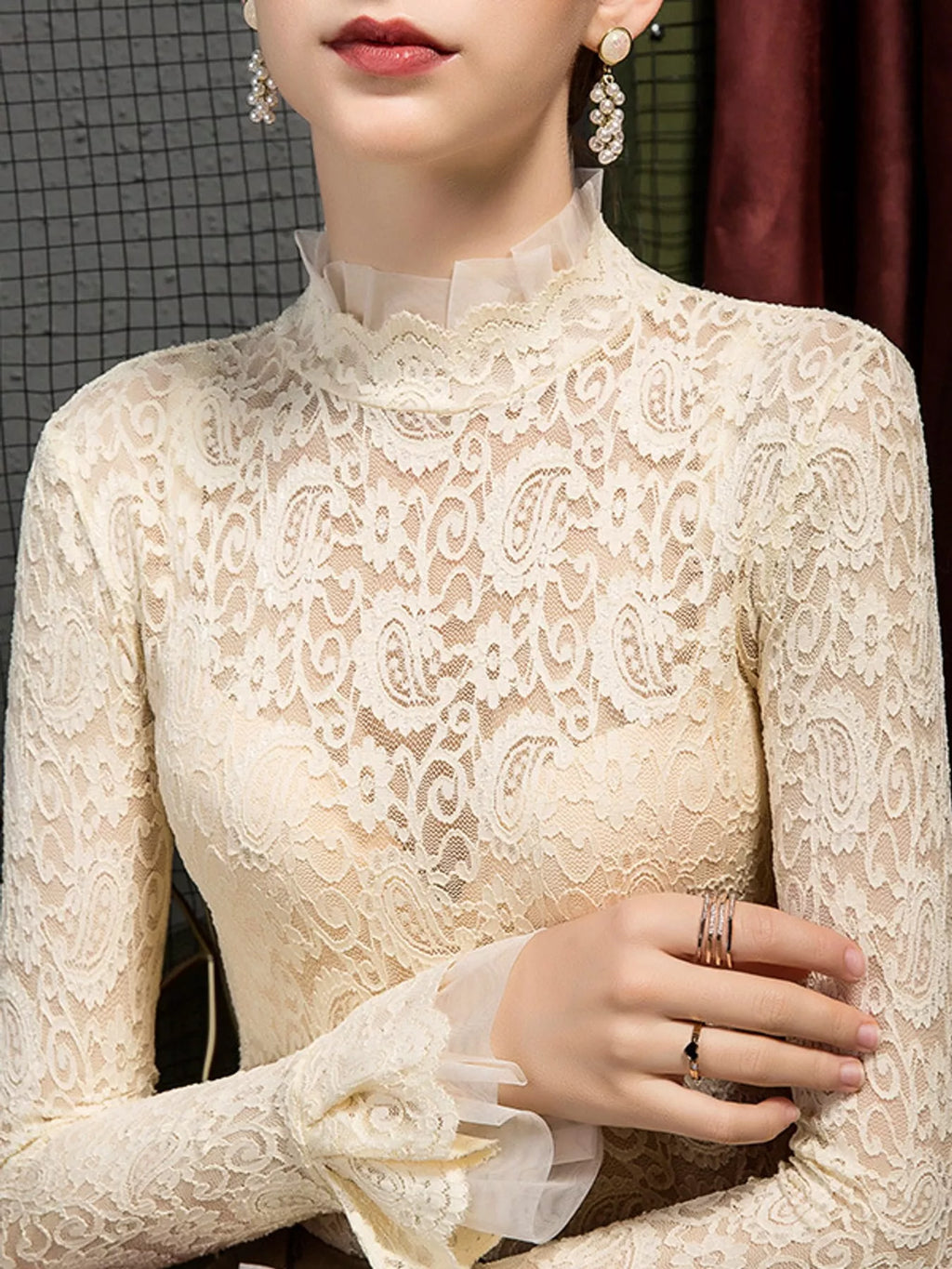 Full Size Lace Mock Neck Long Sleeve Blouse Plus Size