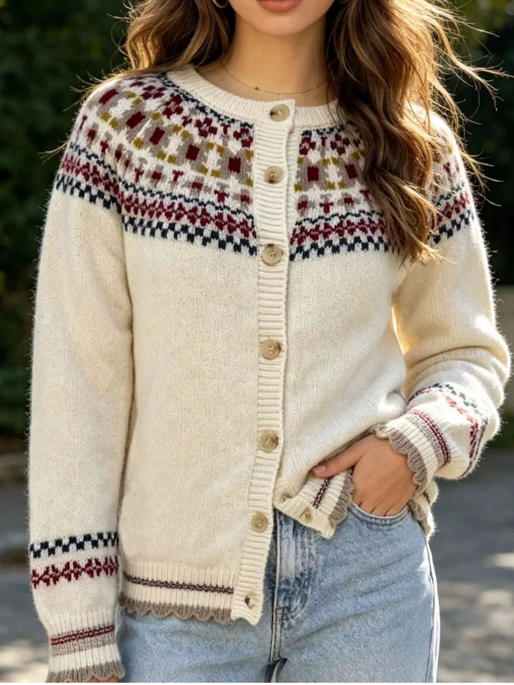 Fair Isle Patterned Button-Down Knit Cardigan