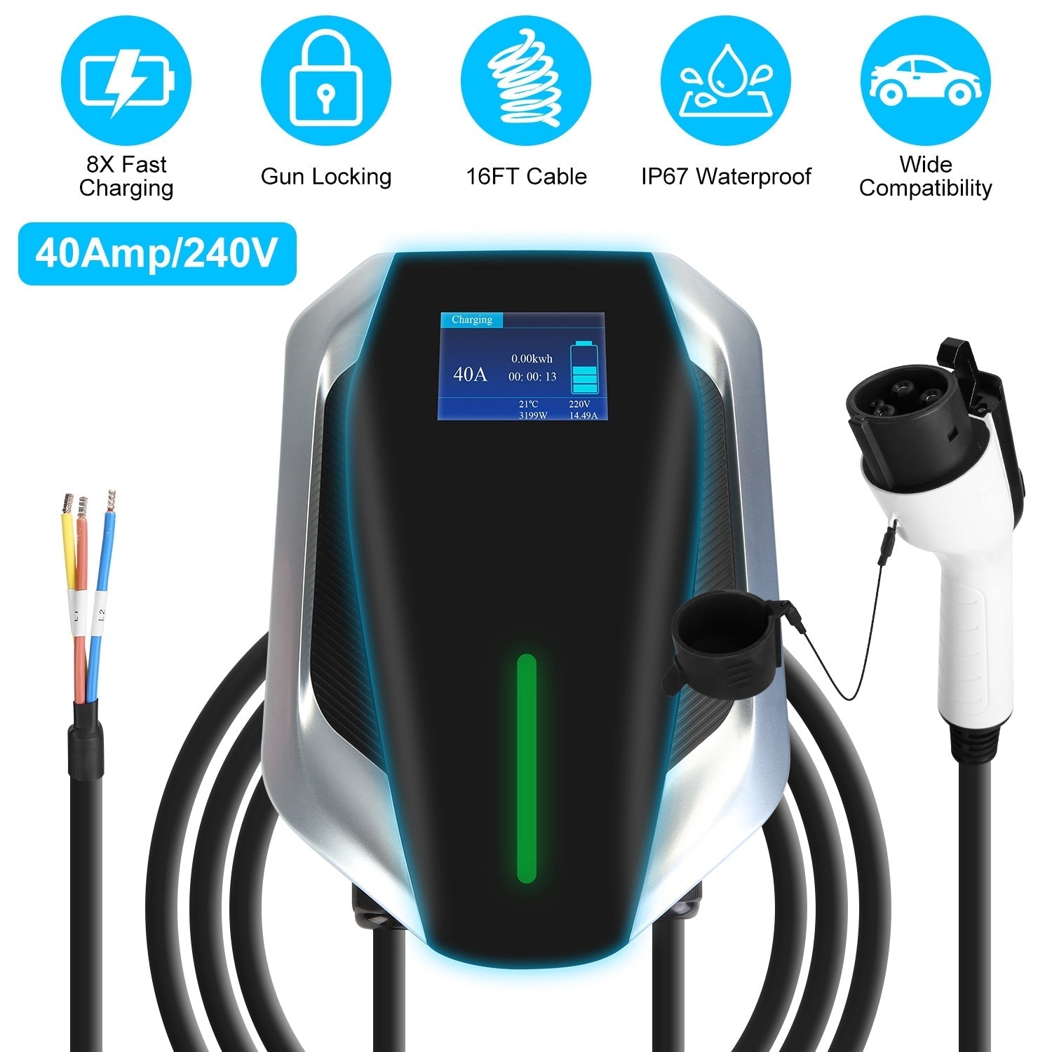 Level 2 Electric Vehicle Charger EV Wall Charger Car Charging Station with 2 Swipecards Digital Display Gun Locking for Home Garage