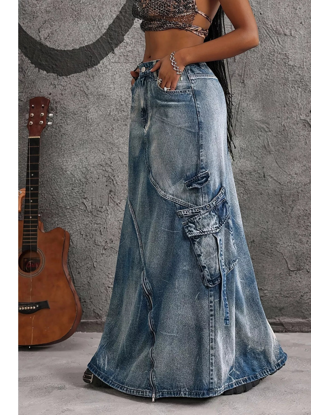 High-Waisted Denim Maxi Skirt with Zipper Slit
