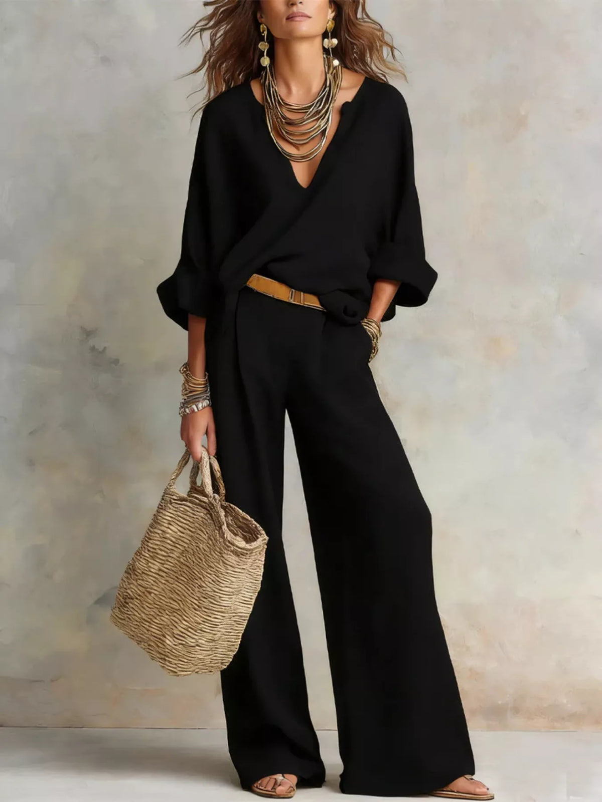 Full Size Loose Fit Top and Wide-Leg Pants Set Plus Size