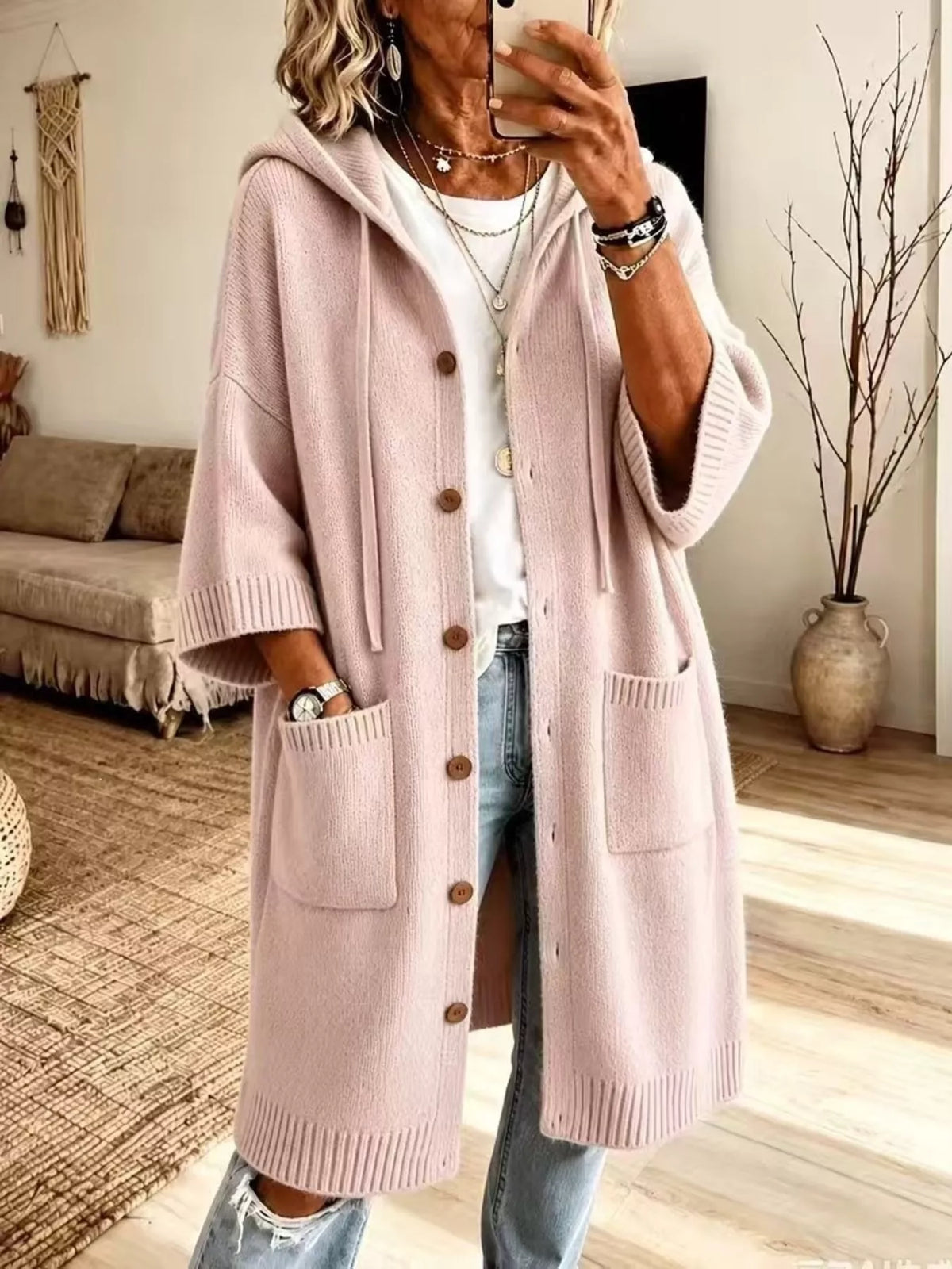 Hooded Button-Down Knit Cardigan with Pockets