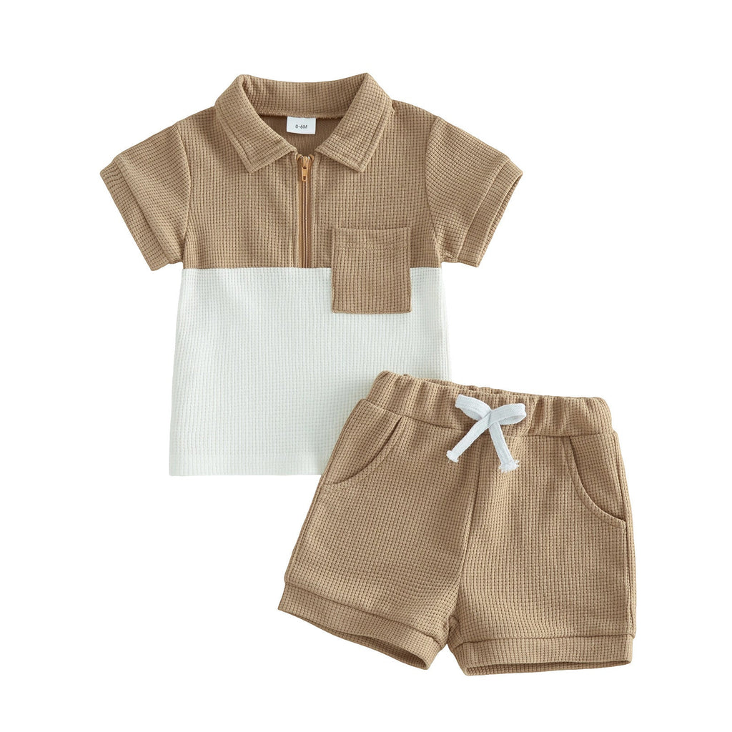 Waffle-pattern Set Lapel-zip Top And Shorts