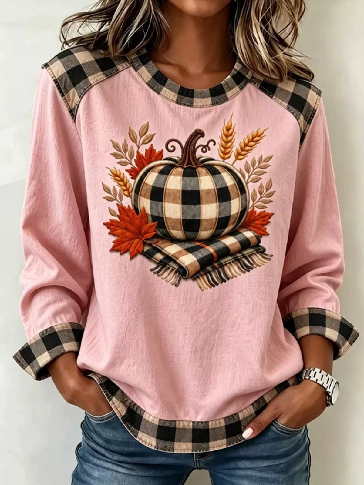 Full Size Pumpkin Plaid Patchwork Long Sleeve Sweatshirt Plus Size