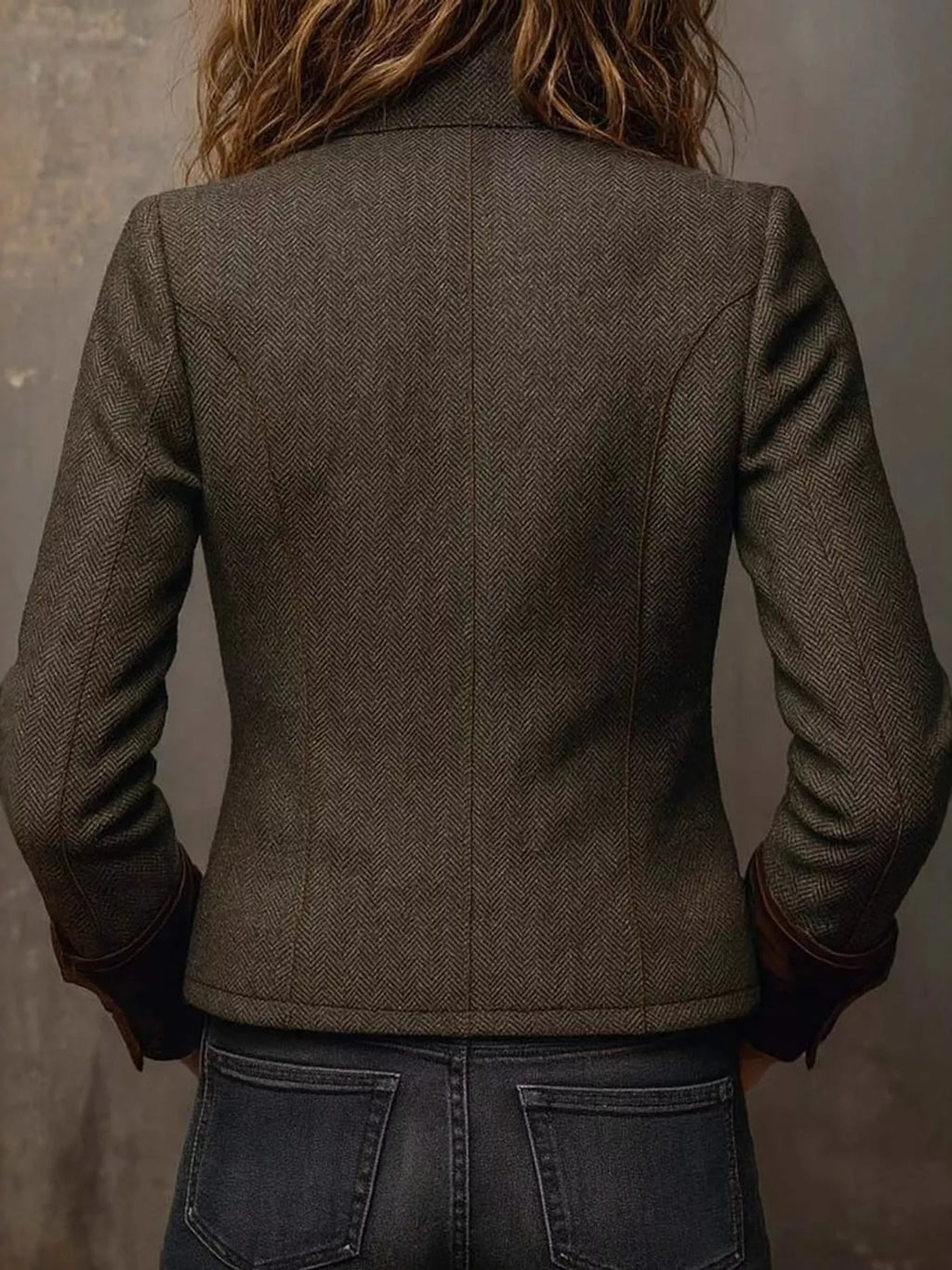 Full Size Vintage Herringbone Tweed Blazer with Velvet Cuffs Plus Size