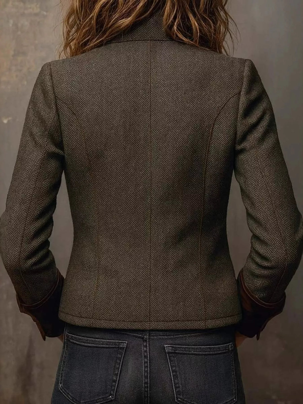 Full Size Vintage Herringbone Tweed Blazer with Velvet Cuffs Plus Size