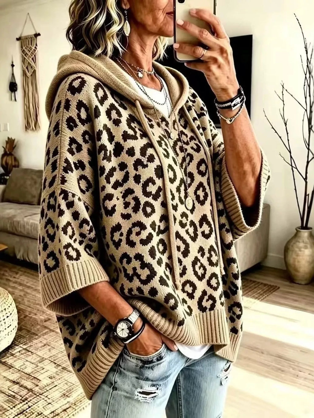 Drawstring Leopard Hooded Sweater