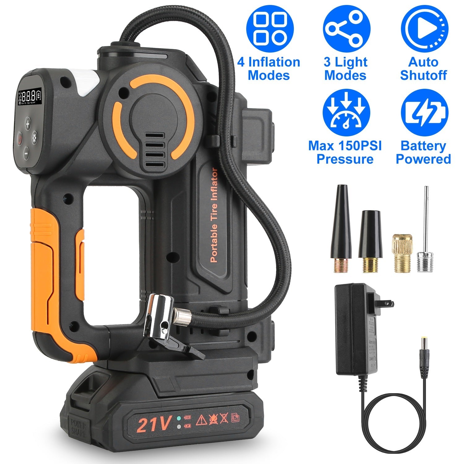 Cordless Tire Inflator with LED Light for Cars & Bikes