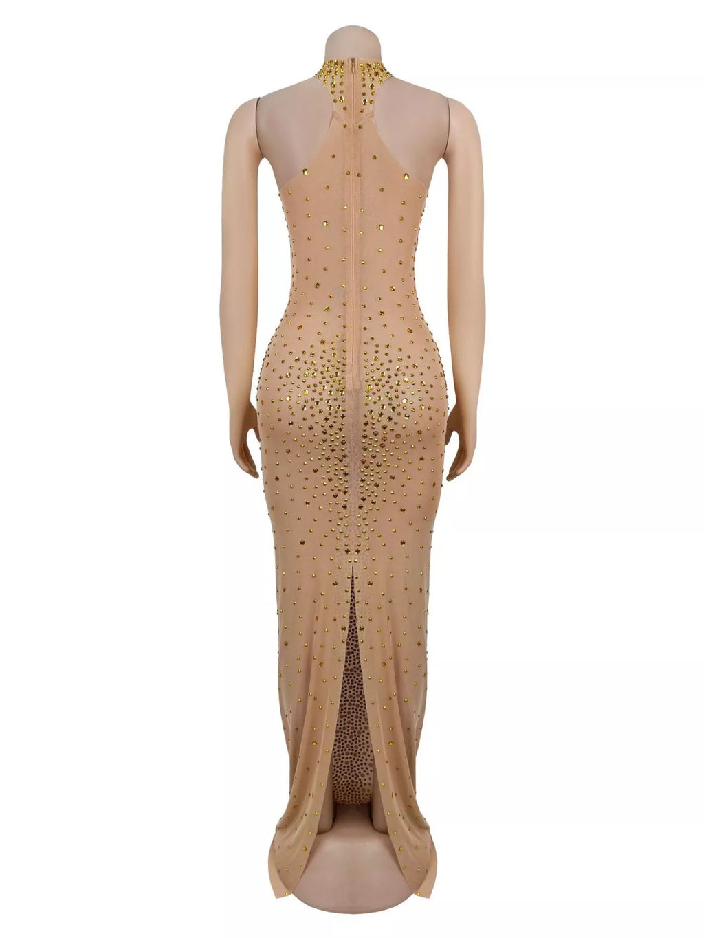 Rhinestone Embellished Mesh Dress with Back Slit