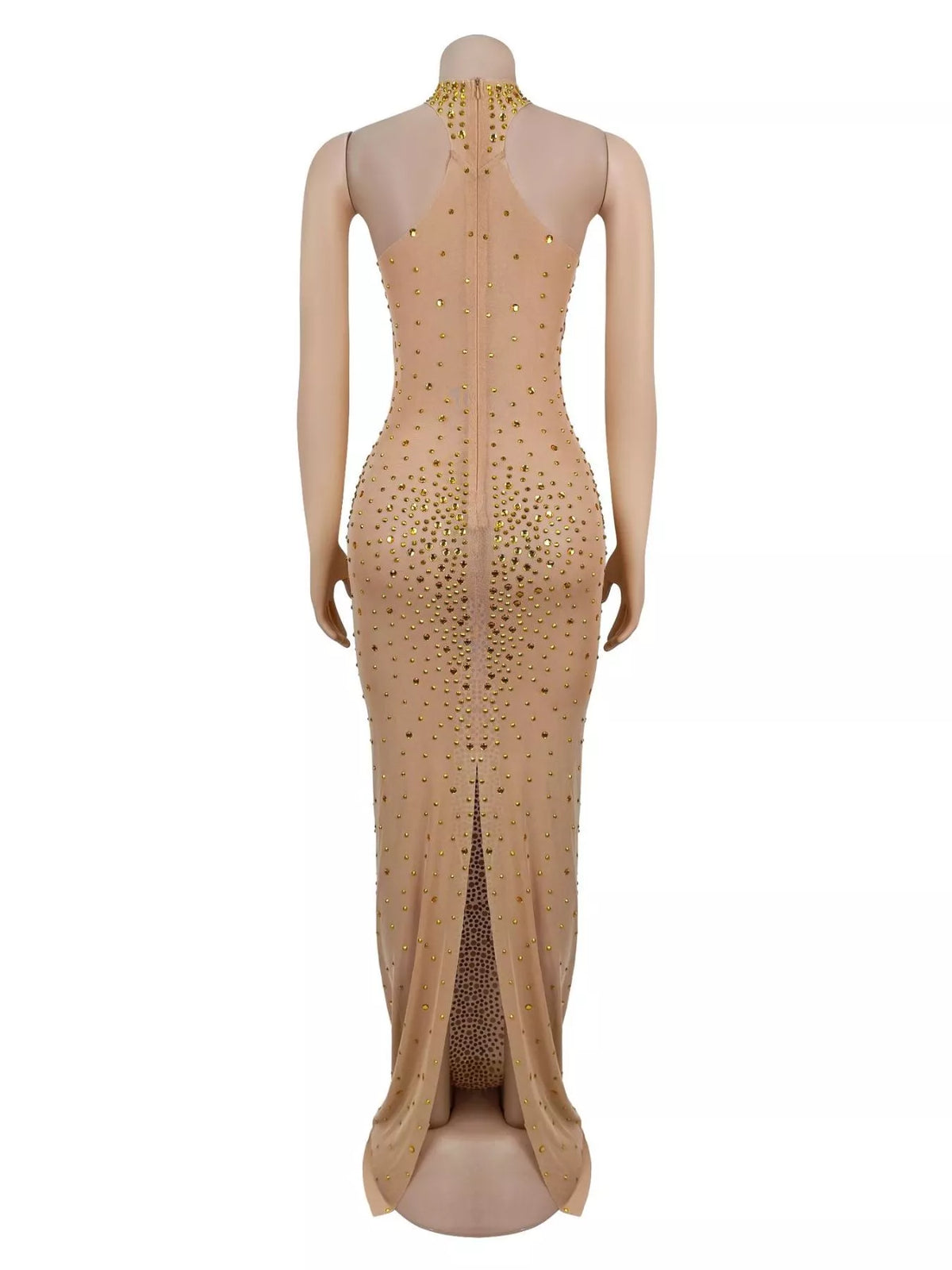 Rhinestone Embellished Mesh Dress with Back Slit