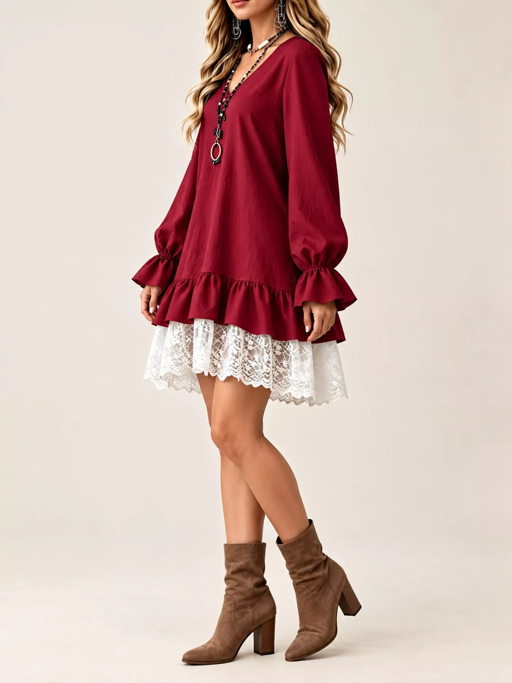 Lace Hem V-Neck Flounce Sleeve Dress