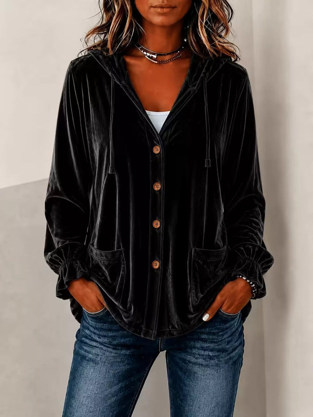 Full Size Velvet Button-Down Hooded Outerwear Plus Size