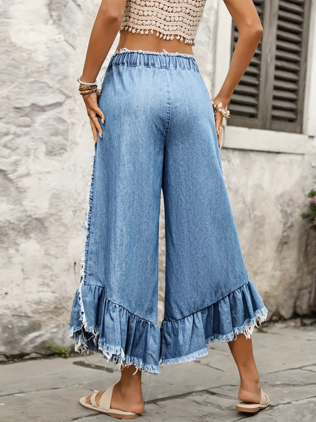 Drawstring Wide-Leg Ruffle Hem Jeans
