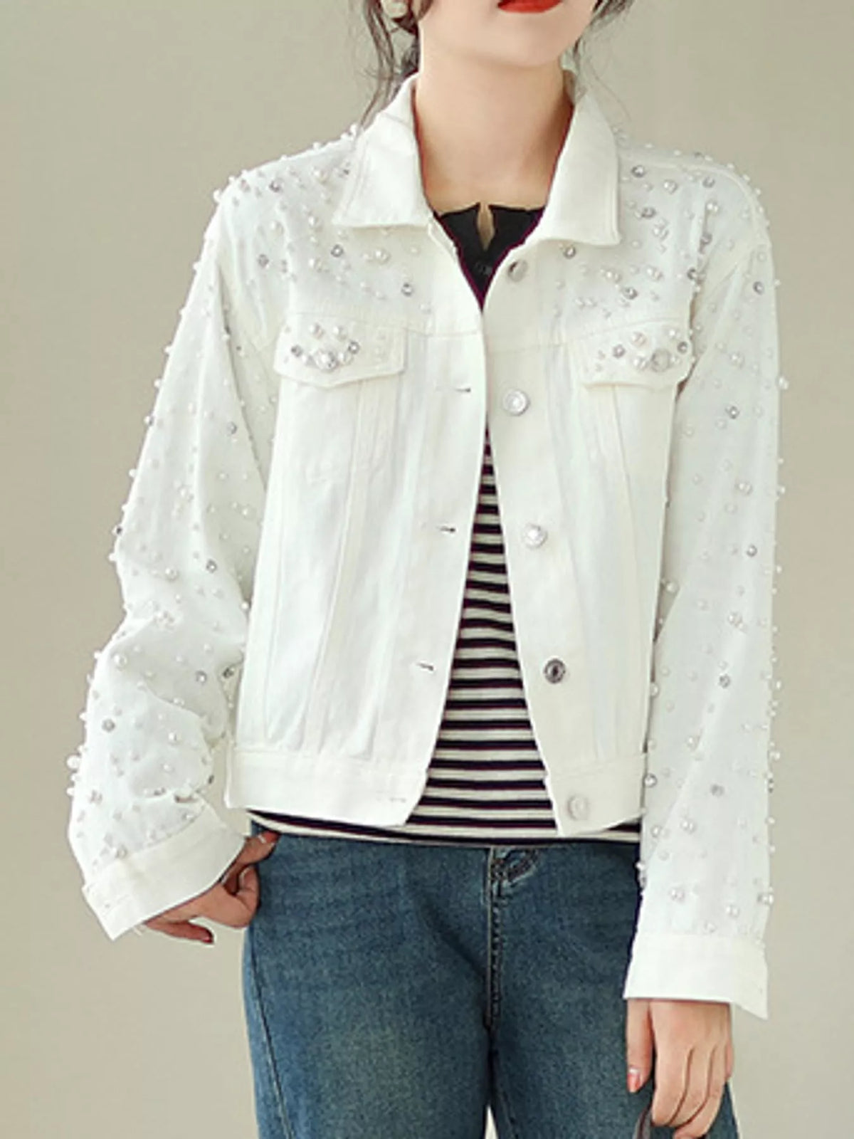 Pearl Detail Button Up Denim Jacket