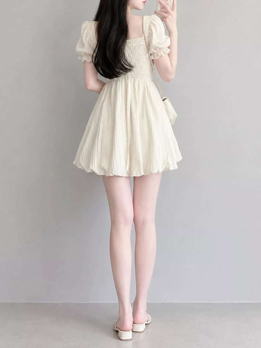 Puff-Sleeve Smocked Mini Dress with Tie-Front Detail