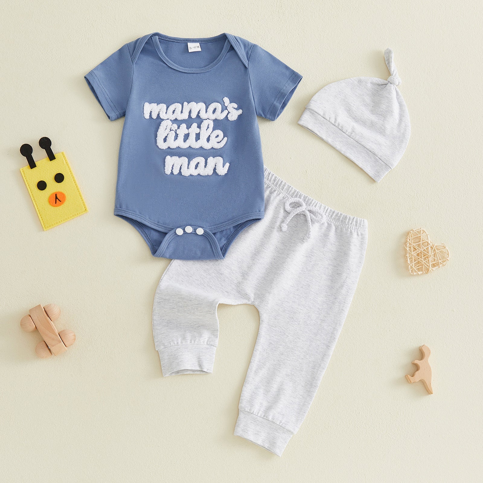 Baby Letter-embroidered Short-sleeve Romper Long Pants Hat Three-piece Set