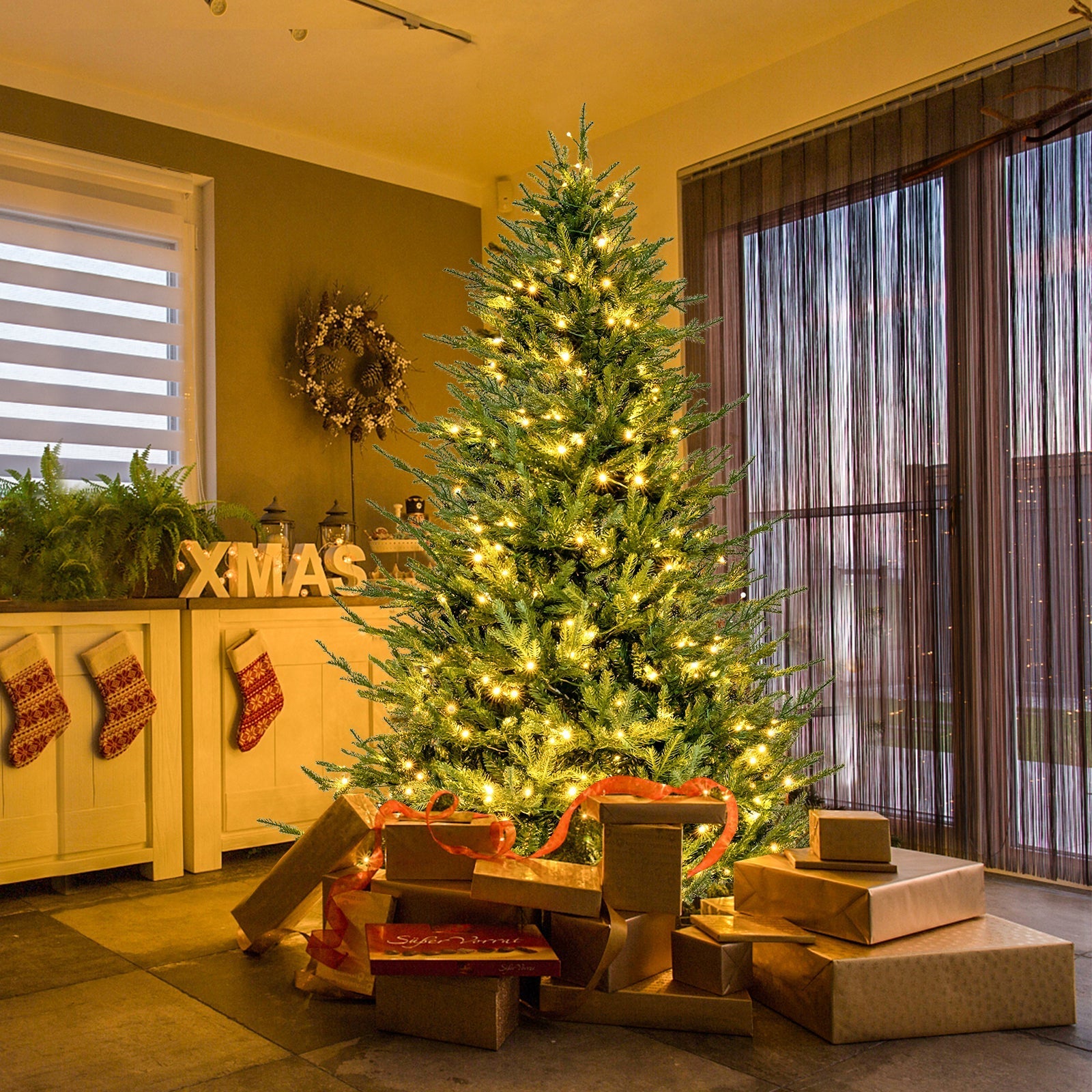 Pre-lit Christmas Tree with 280 Warm White LED Lights and 8 Lighting Modes