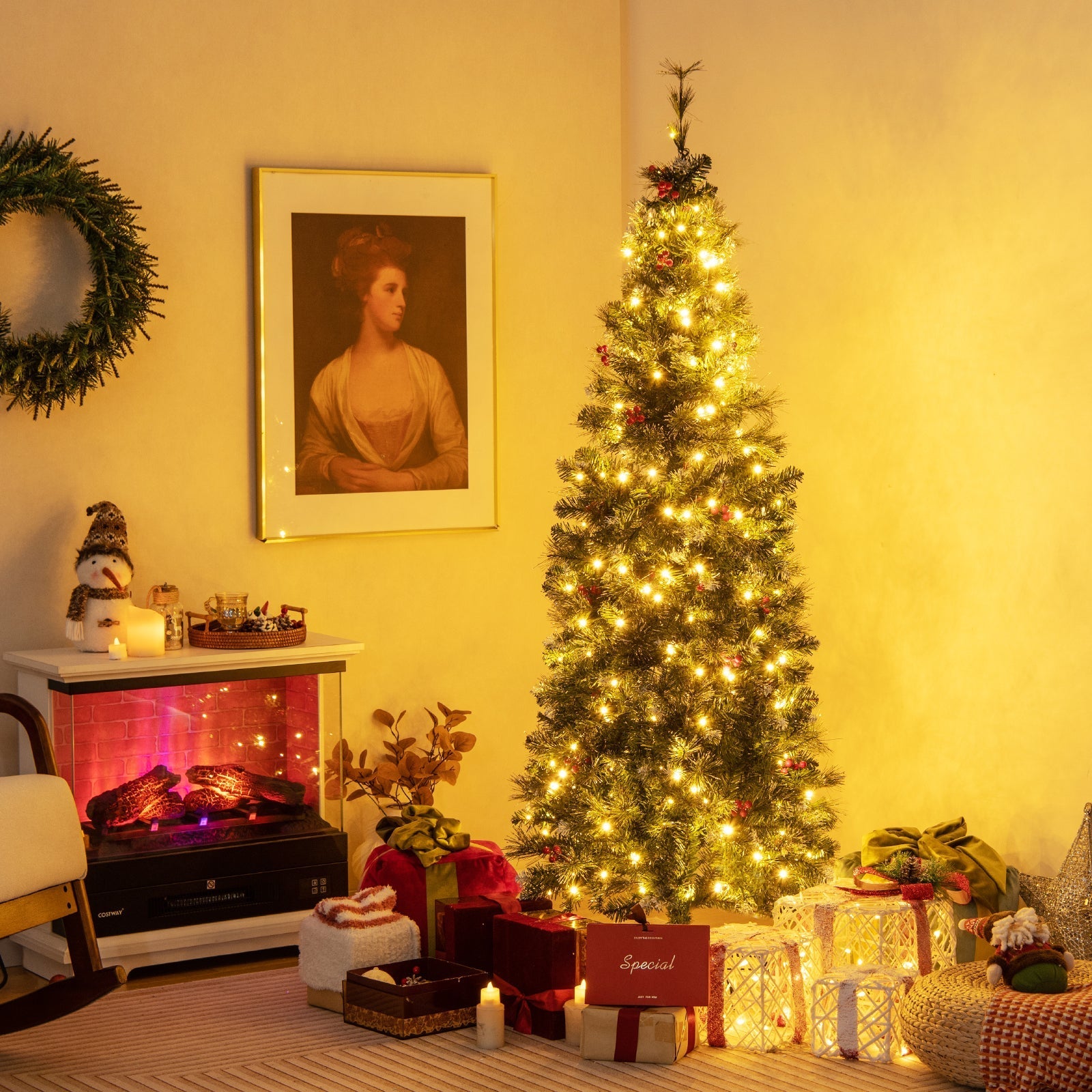 5/6/7/8/9 FT Pre-Lit Artificial Hinged Slim Pencil Christmas Tree