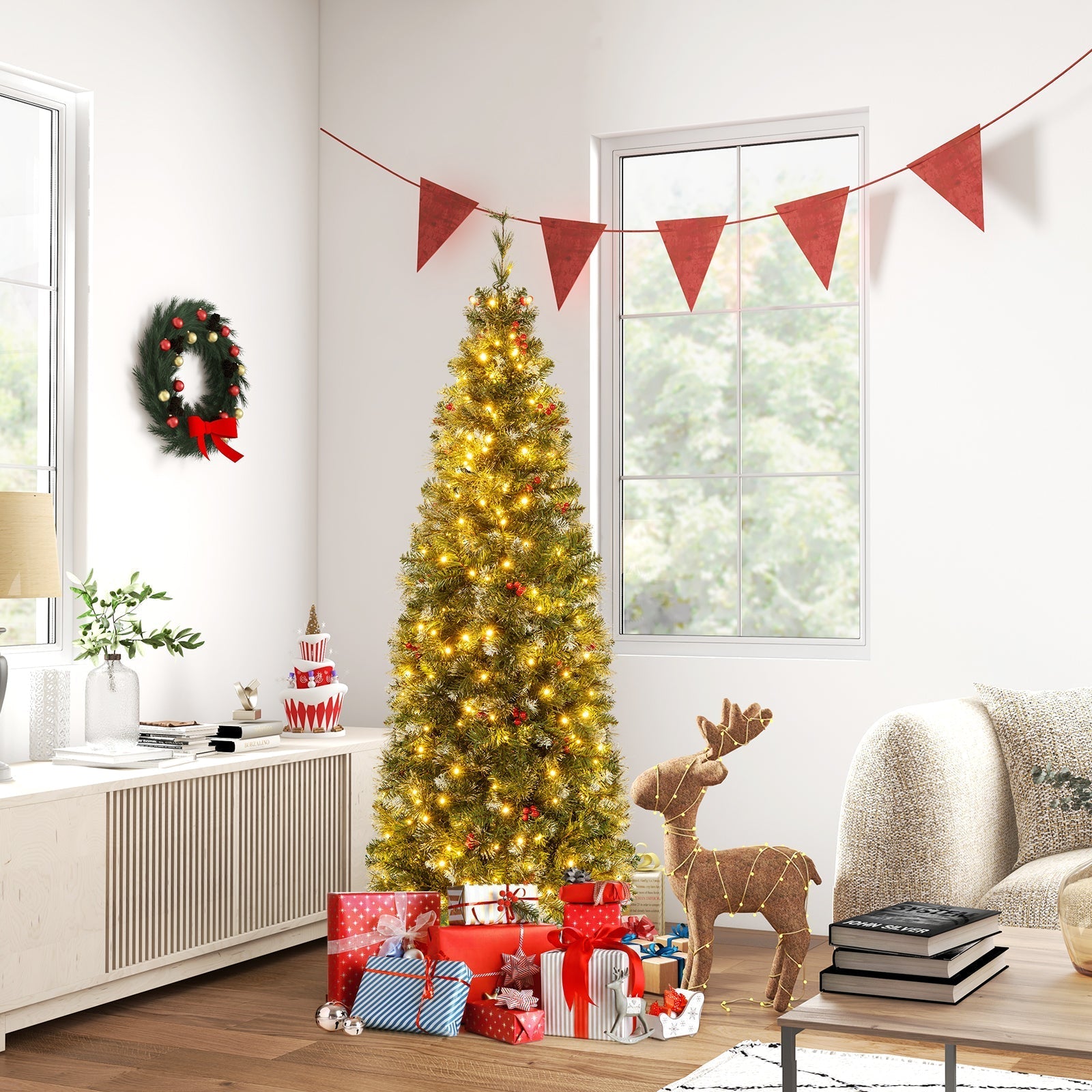 5/6/7/8/9 FT Pre-Lit Artificial Hinged Slim Pencil Christmas Tree