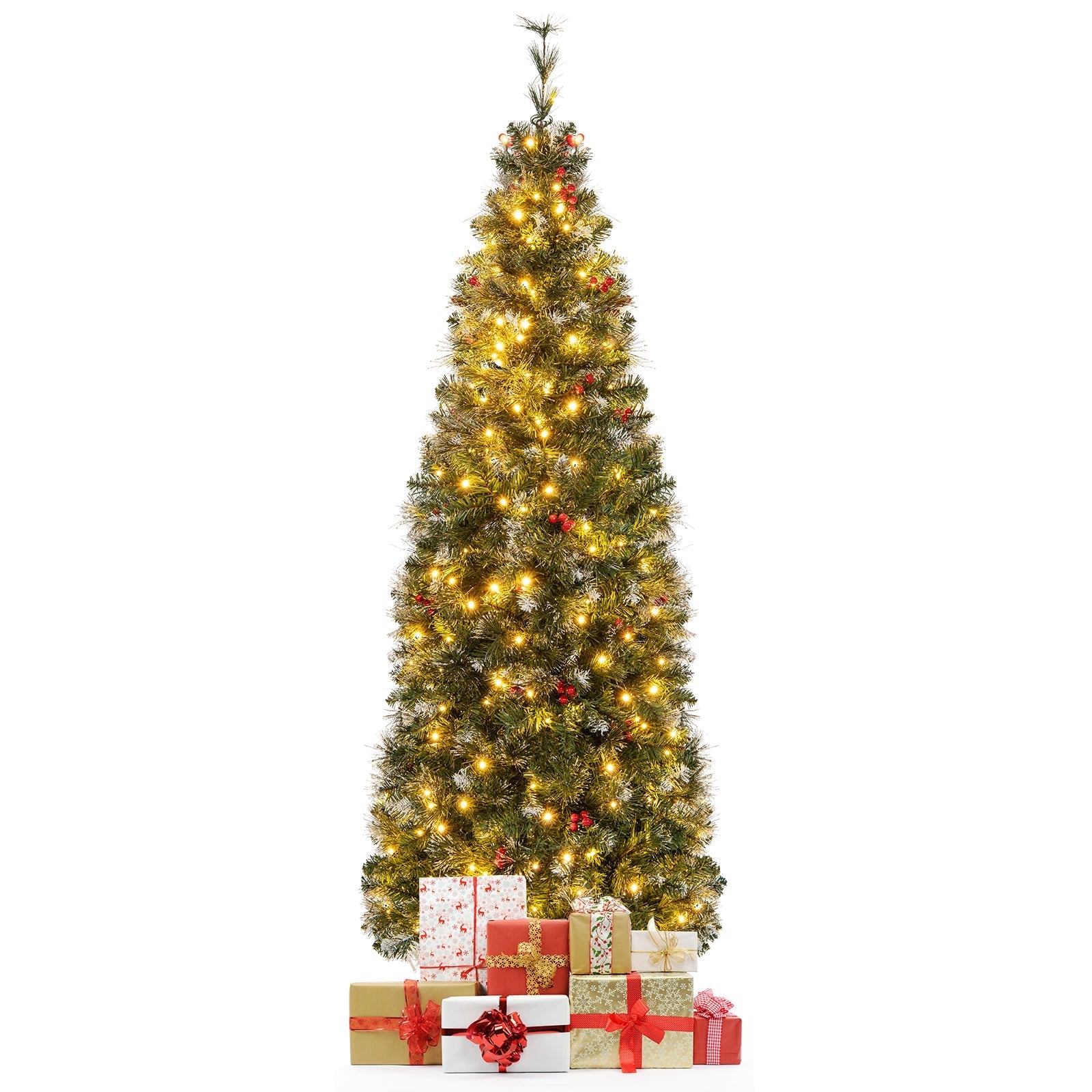 5/6/7/8/9 FT Pre-Lit Artificial Hinged Slim Pencil Christmas Tree