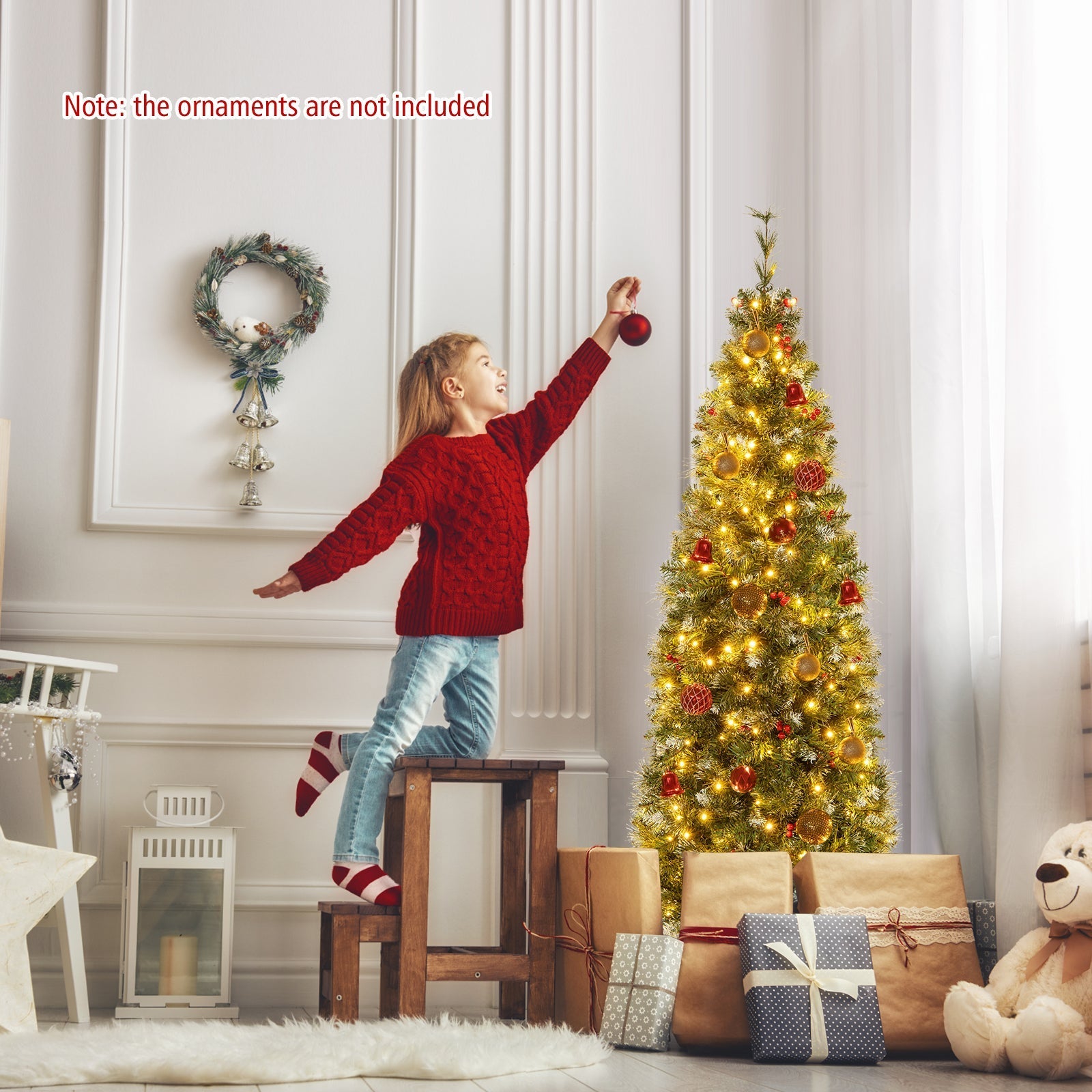 5/6/7/8/9 FT Pre-Lit Artificial Hinged Slim Pencil Christmas Tree