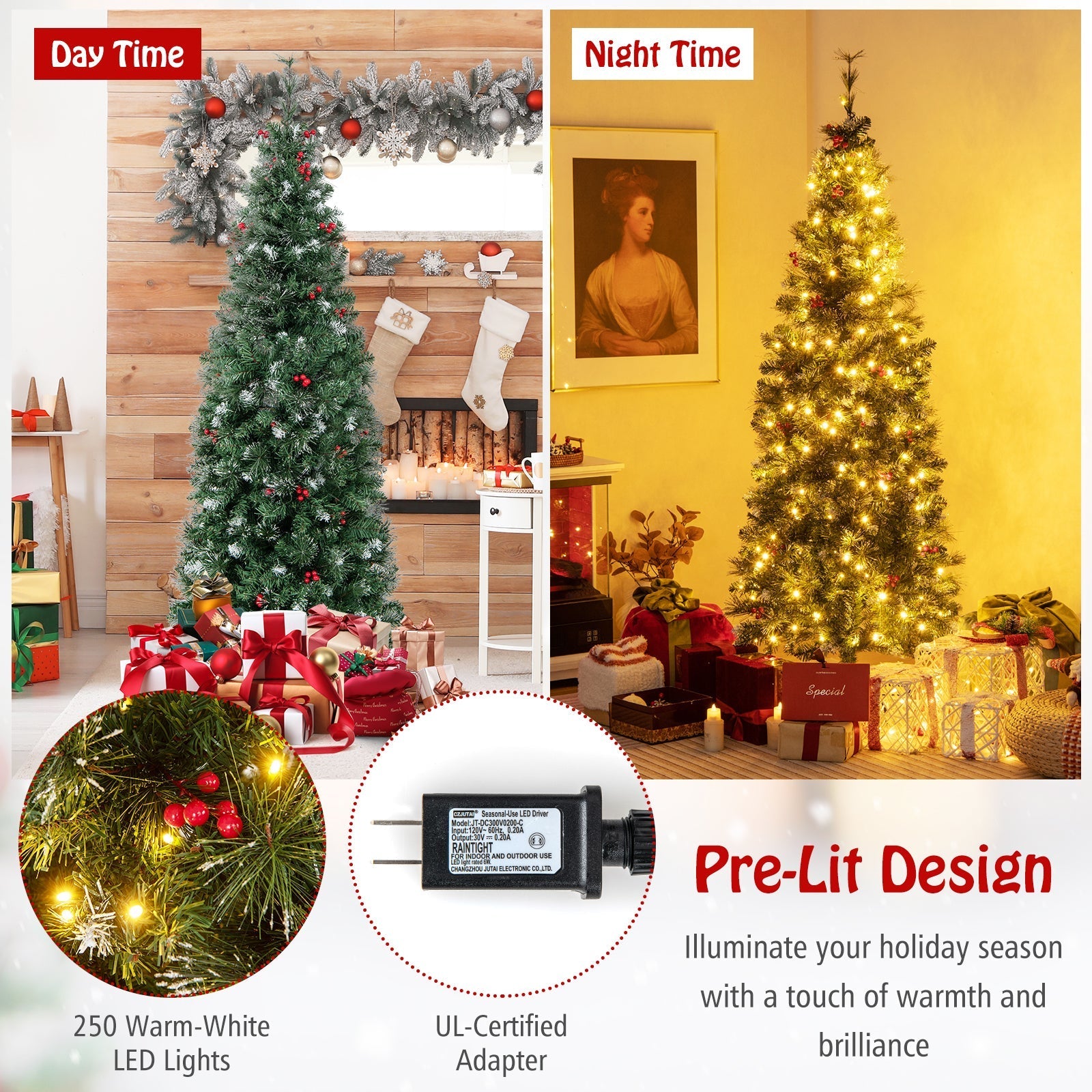 5/6/7/8/9 FT Pre-Lit Artificial Hinged Slim Pencil Christmas Tree