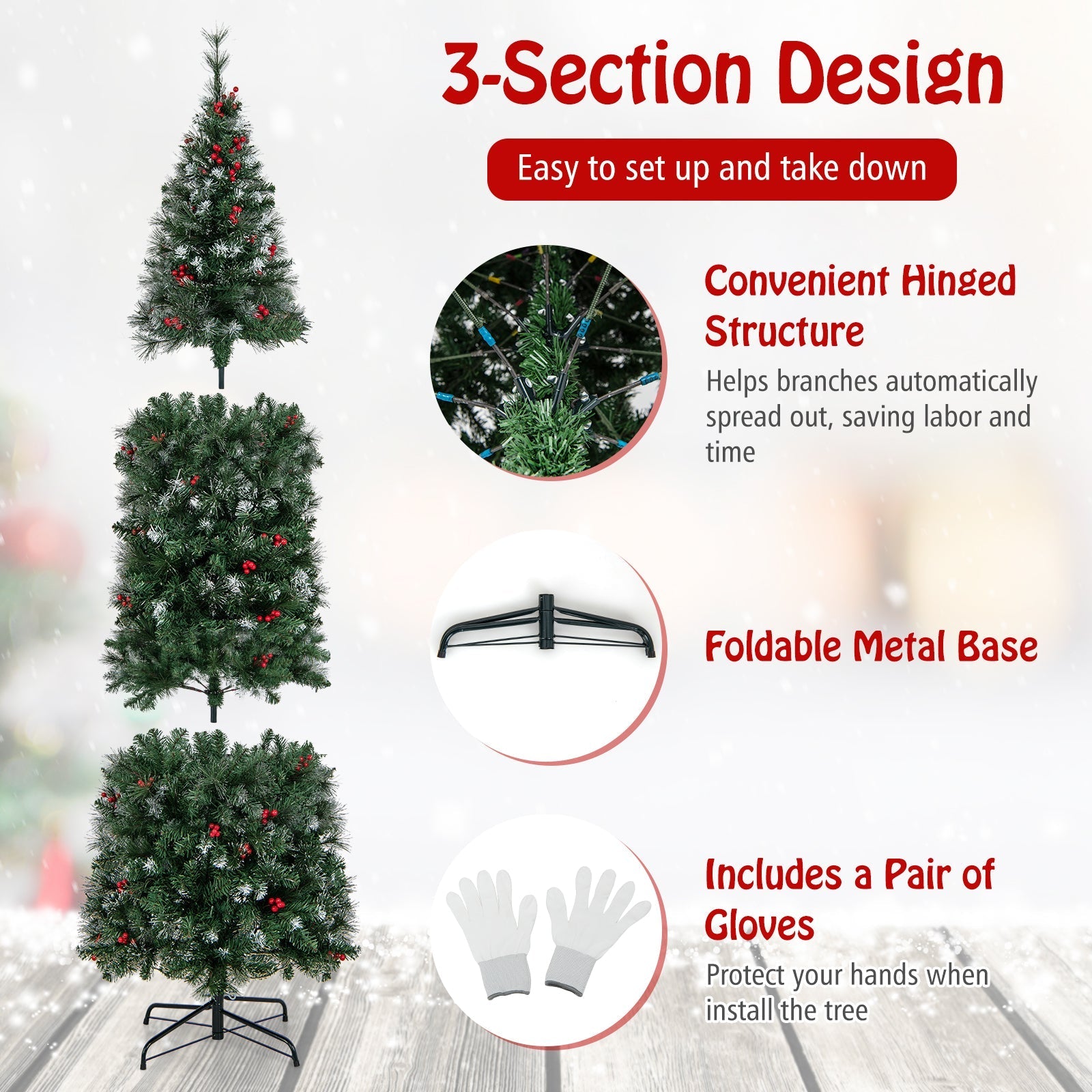 5/6/7/8/9 FT Pre-Lit Artificial Hinged Slim Pencil Christmas Tree