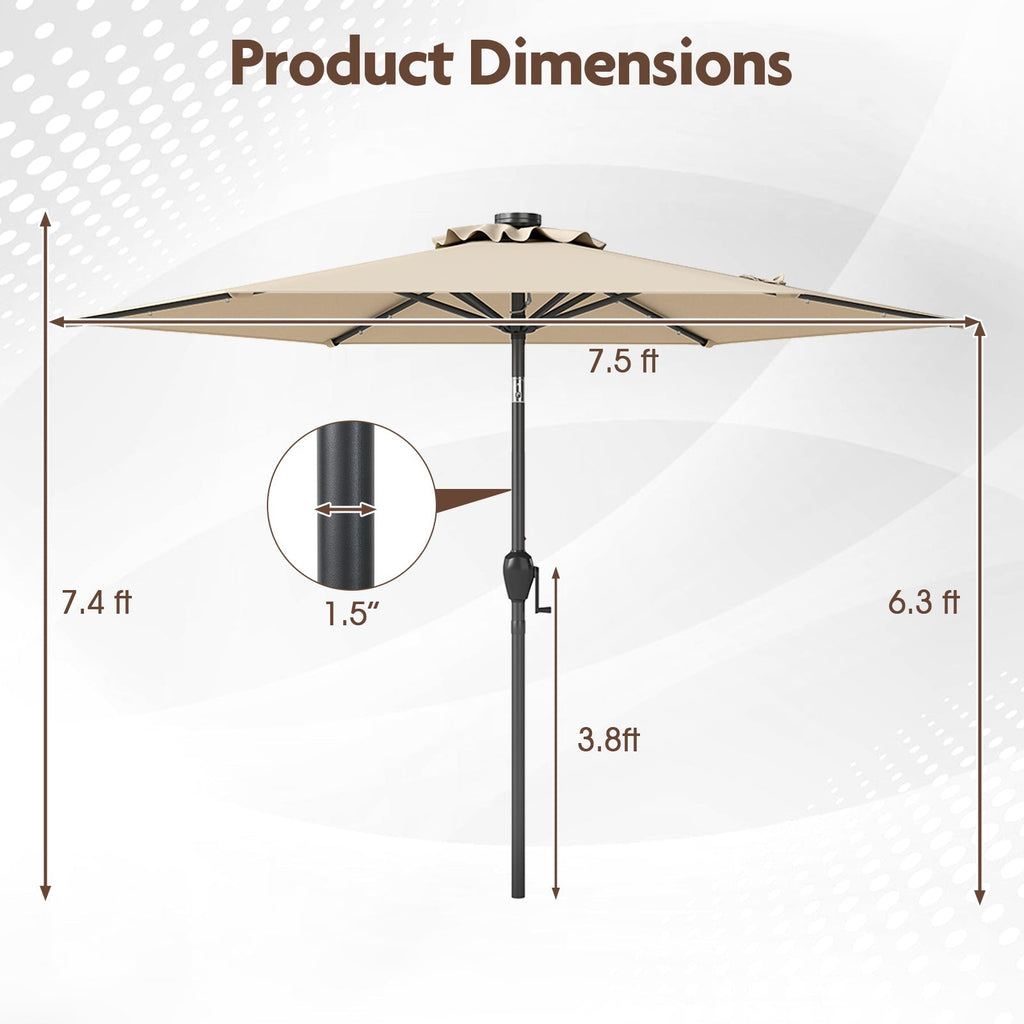 7.5 Feet Solar Powered Patio Umbrella with LED Lights and Crank Handle