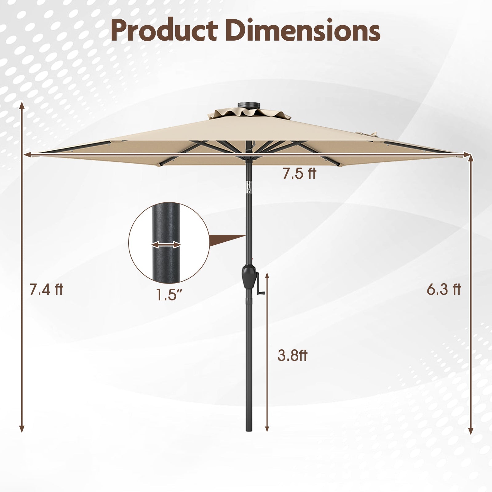 7.5 Feet Solar Powered Patio Umbrella with LED Lights and Crank Handle