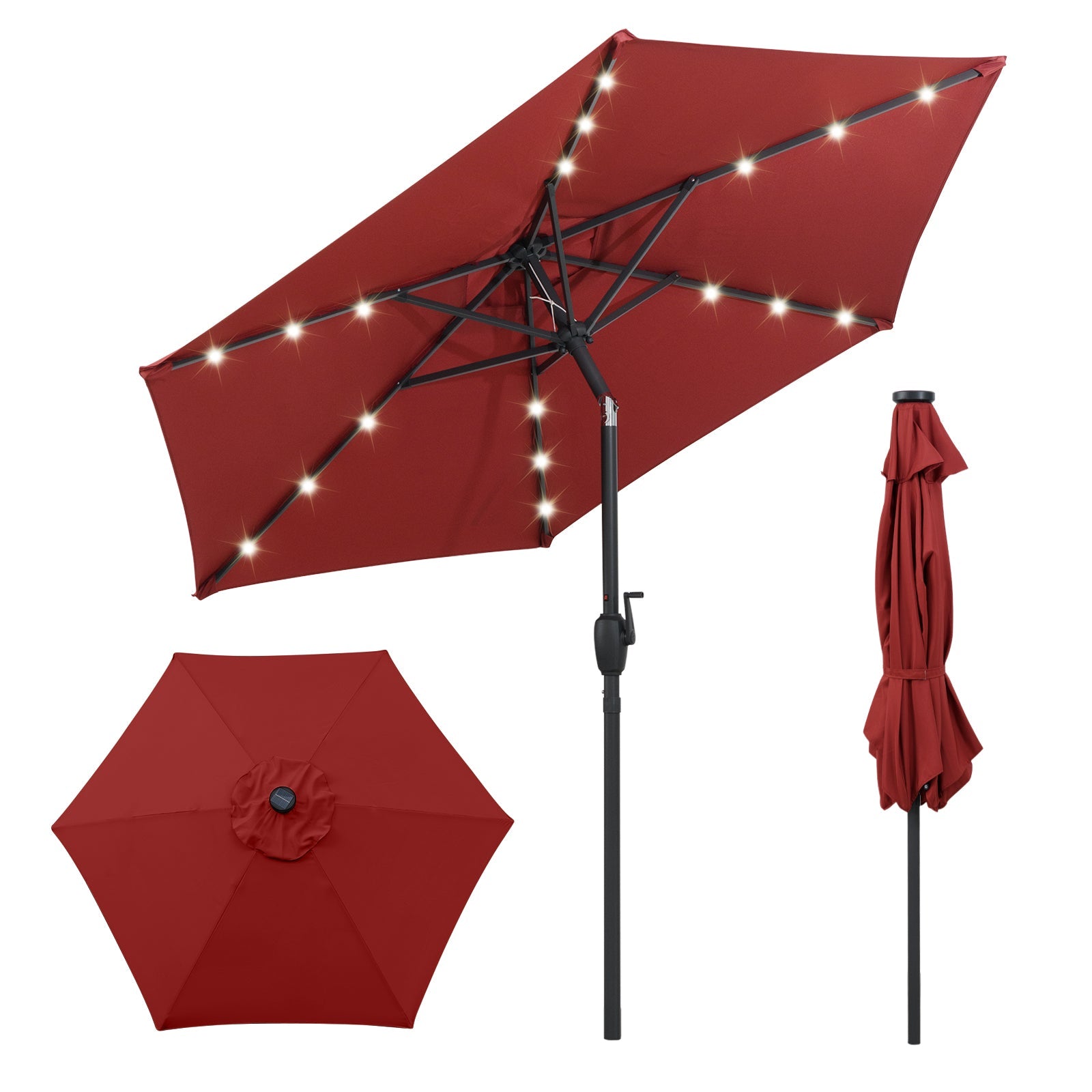 7.5 Feet Solar Powered Patio Umbrella with LED Lights and Crank Handle