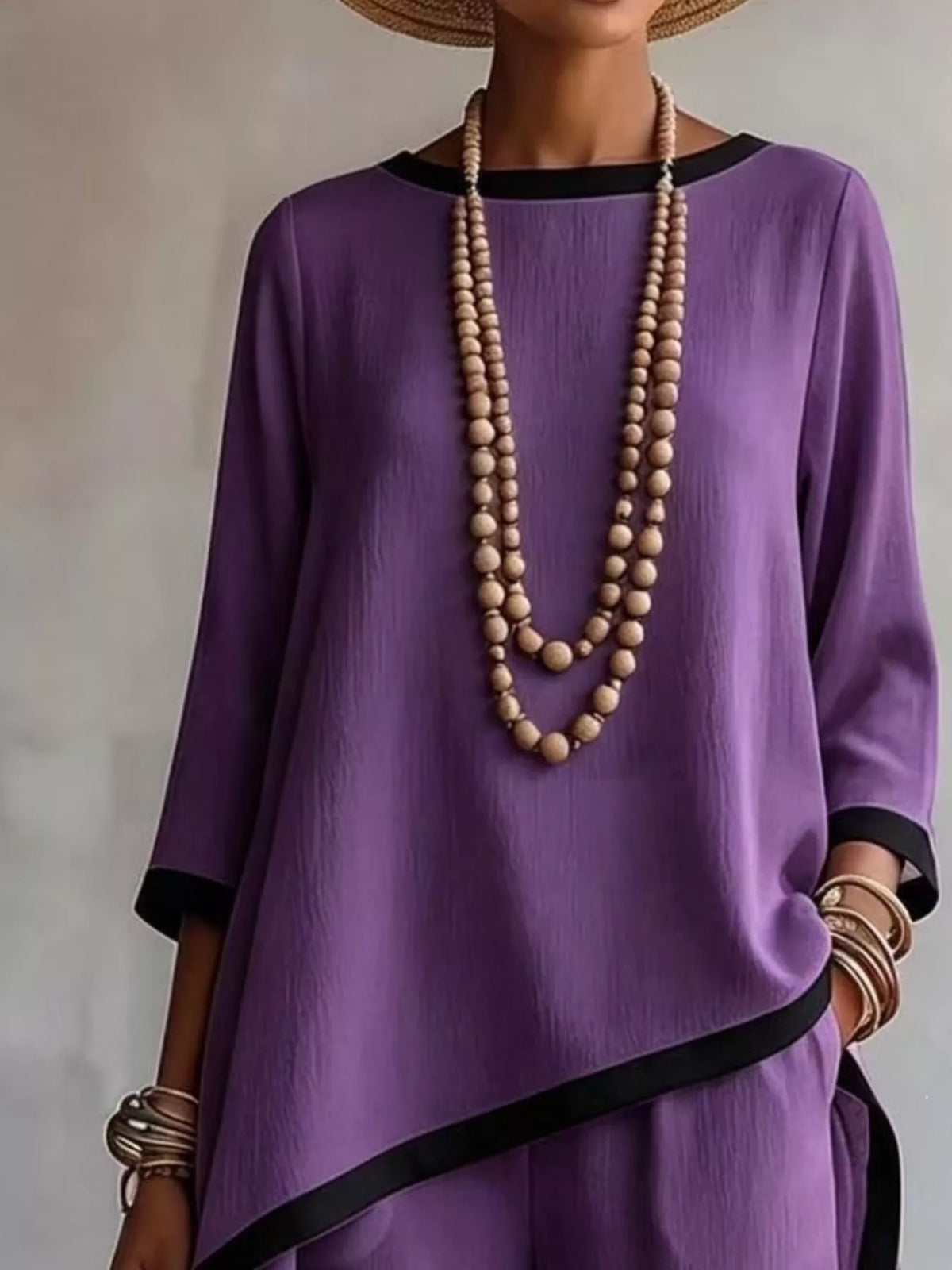 Full Size Contrast Trim High-Low Top and Pants Set Plus Size