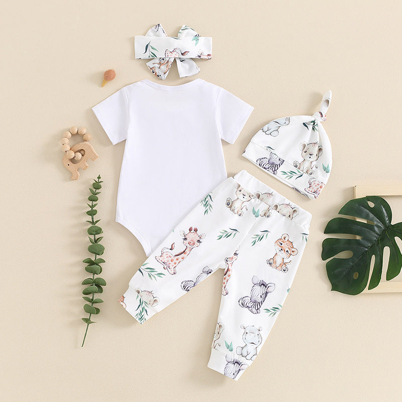 Letter-print Short-sleeve Romper Long Pants Hat And Headband Four-piece Set