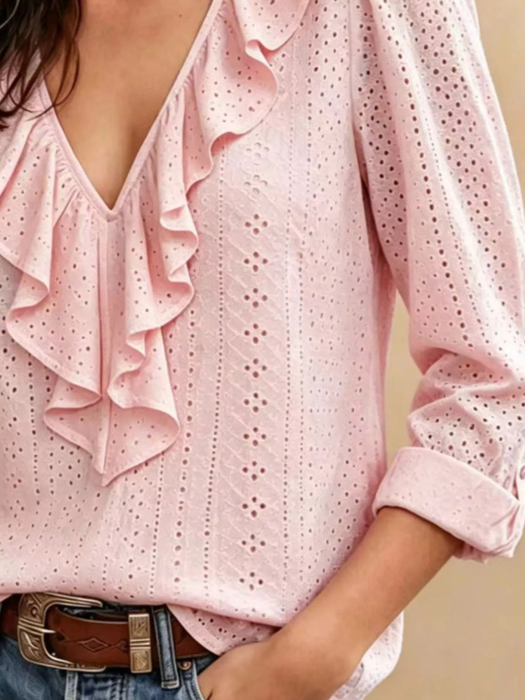 Eyelet Ruffle V-Neck Blouse