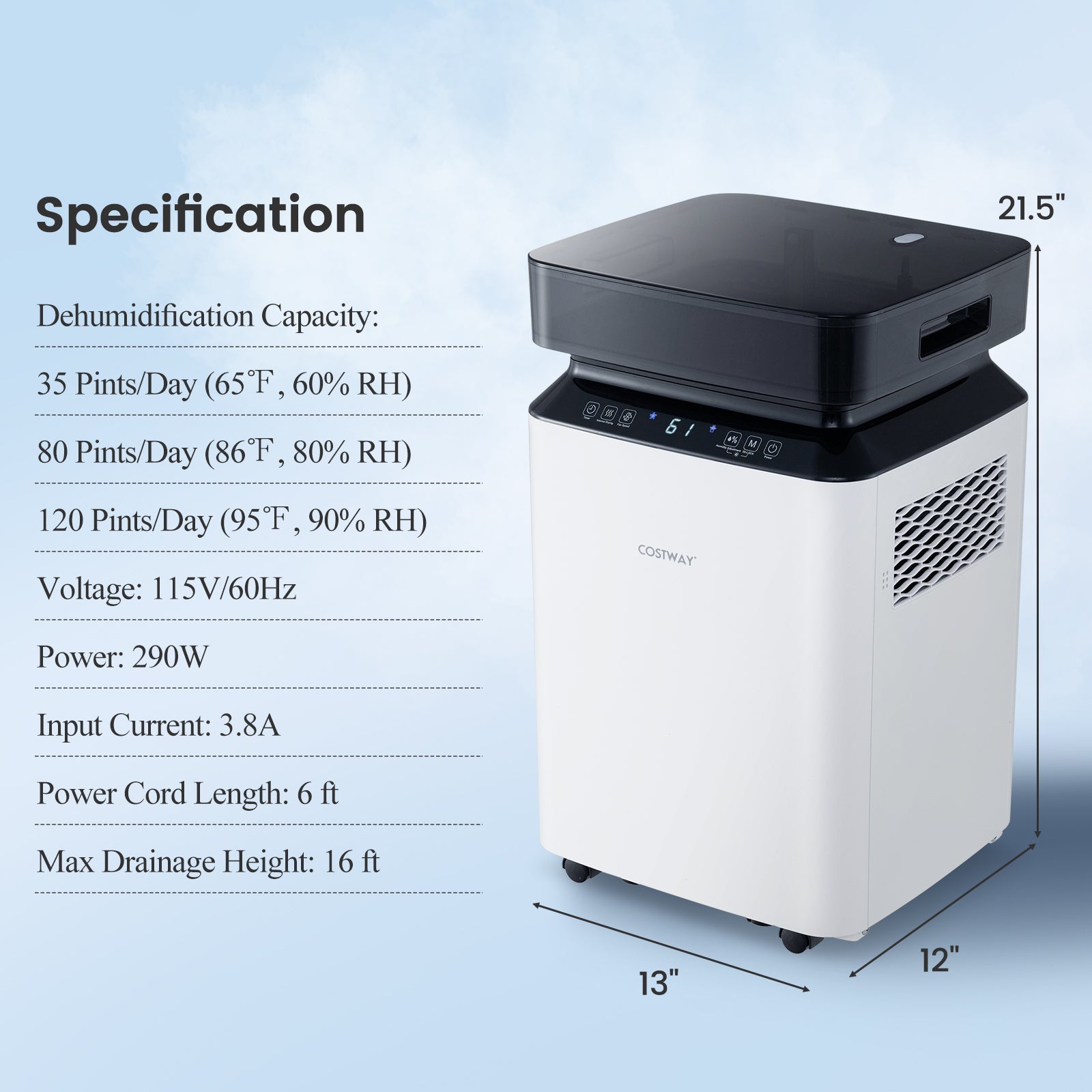 70/90 Pint 4500/6000 Sq. Ft Dehumidifier with Continuous and Auto Mode