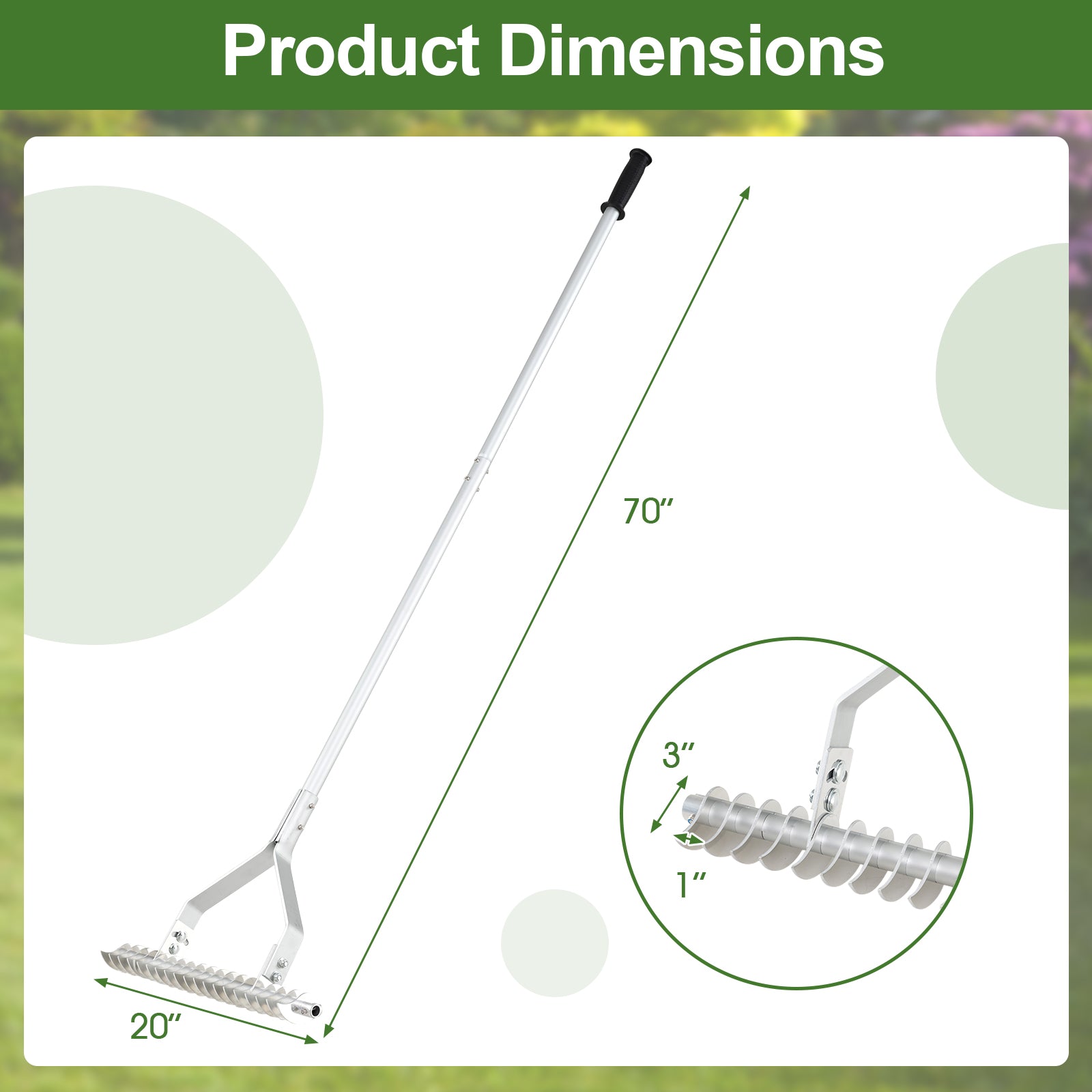 20 Inches Wide Aluminum Lawn Loosening Soil Rake with Long Handle and 19 Curved Tines