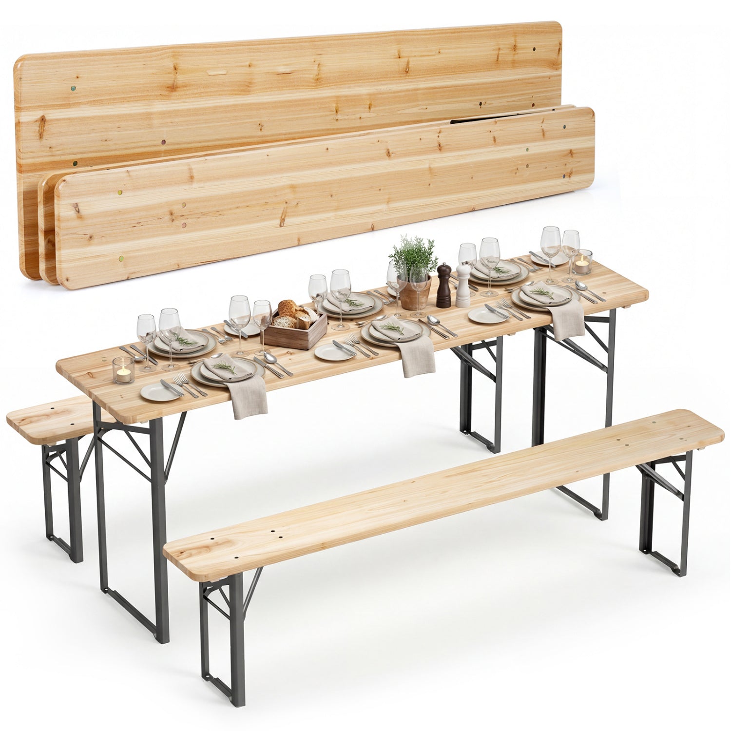 70 Inch 3-Piece Folding Picnic Table with Benches for 6 Fir Wood Portable Bear Camping Table-Black