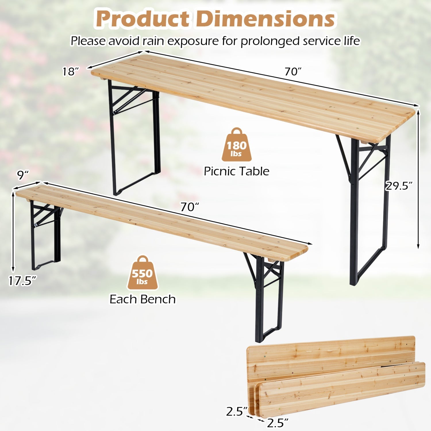 70 Inch 3-Piece Folding Picnic Table with Benches for 6 Fir Wood Portable Bear Camping Table-Black
