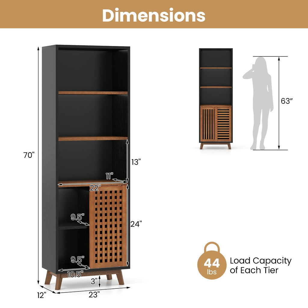 70 Inch 5-Tier Bookshelf with Reversible Adjustable Shelf-Black